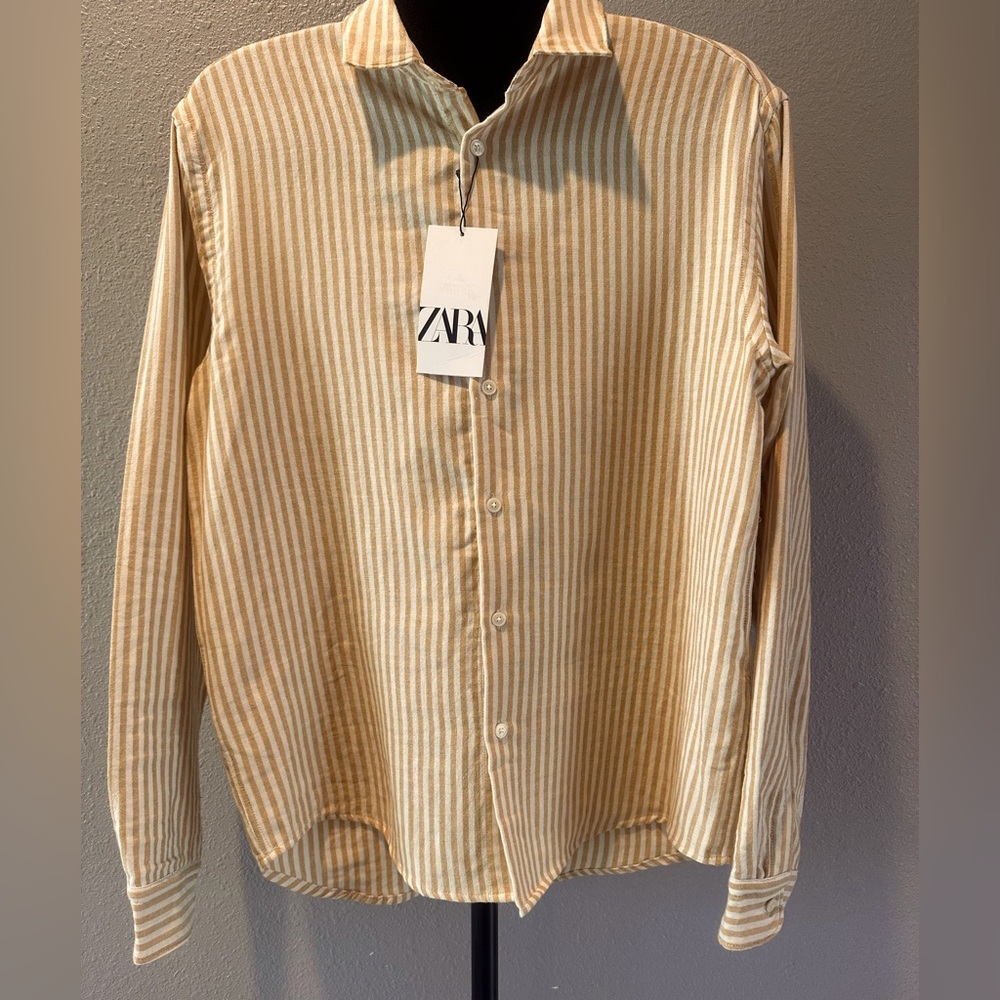 Zara regular fit linen pinstriped long sleeve button down